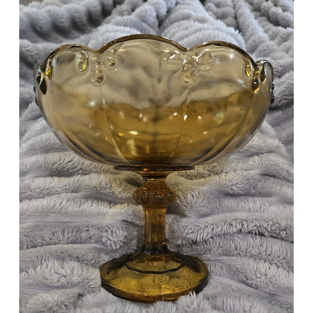 INDIANA GLASS AMBER "TEARDROP" PEDESTAL BOWL COMPOTE w/SCALLOPED RIM VINTAGE